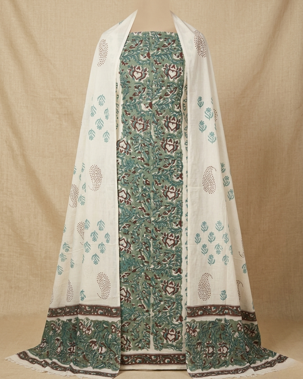 Sage Green Block Print Unstitched Suit Set