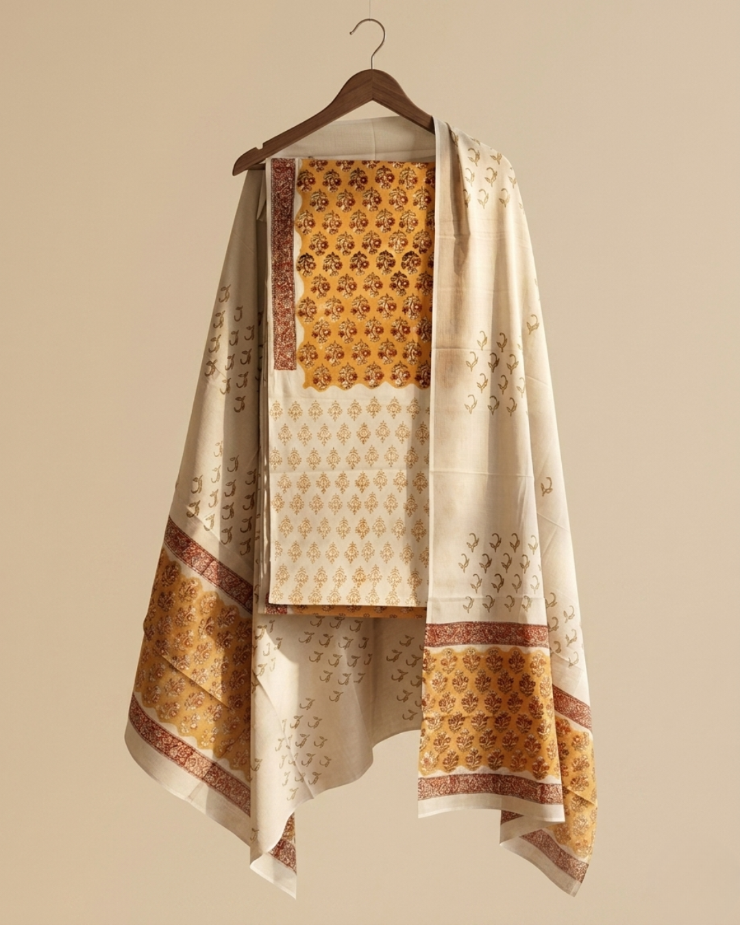 Mustard & Cream Block Print Unstitched Suit Set
