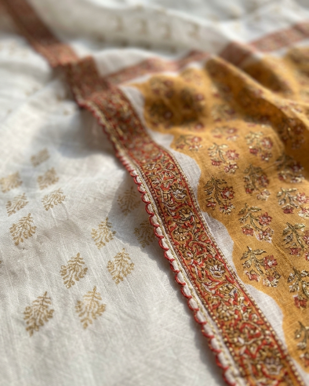 Mustard & Cream Block Print Unstitched Suit Set