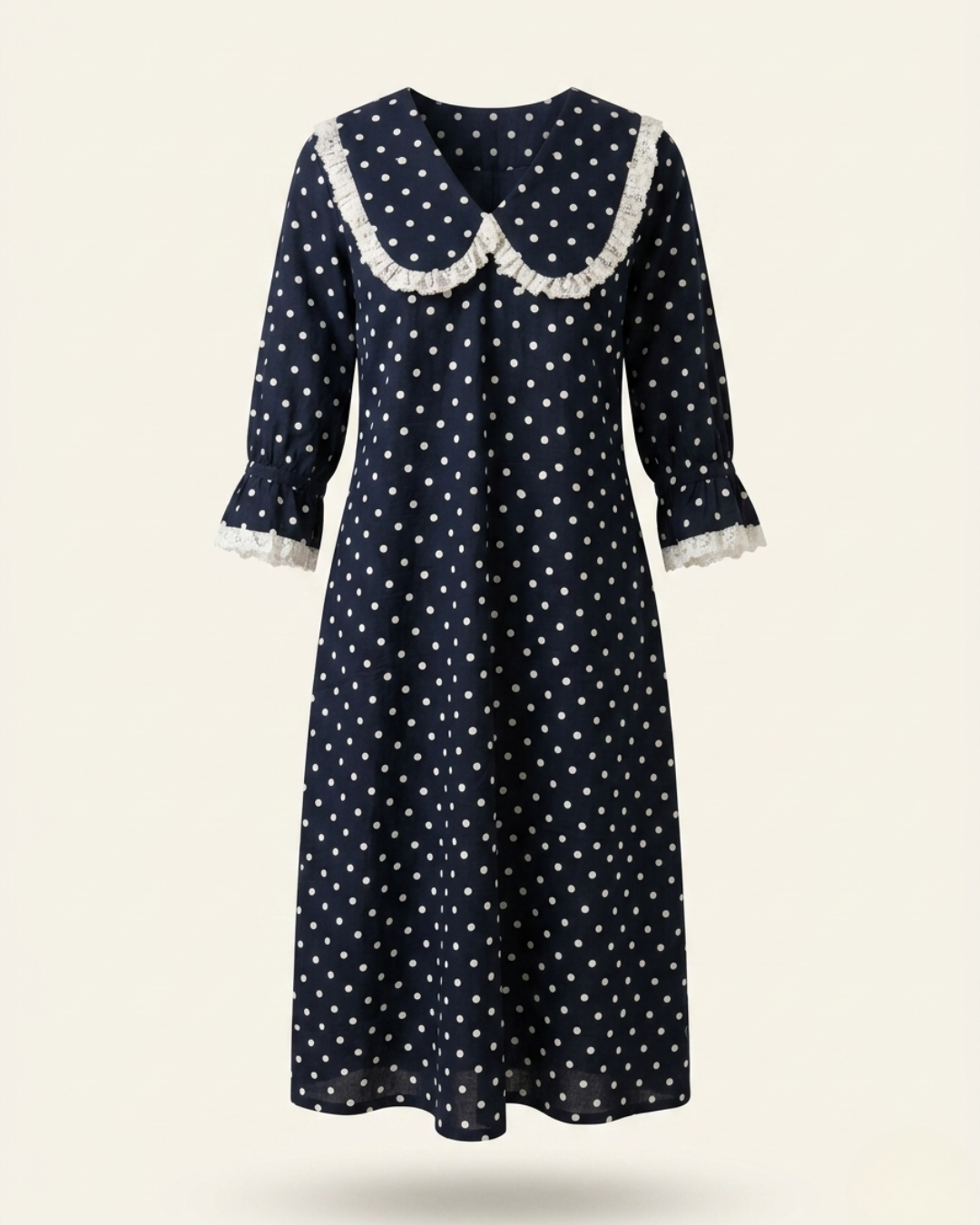 Premium Cotton Polka Dot Peter Pan Collar Dress Navy Blue – Front View