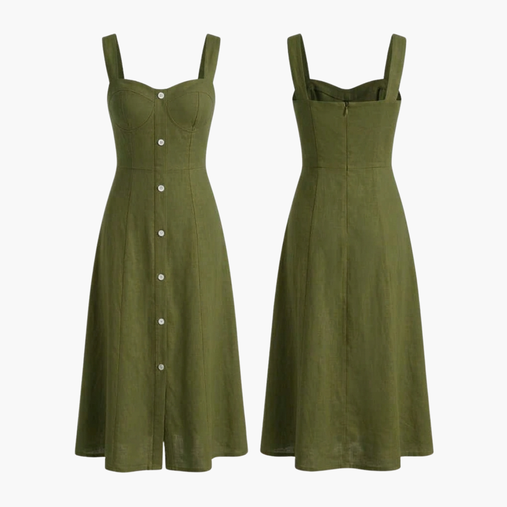 The Brahmi Studio Sweetheart Neck Button-Front Midi Dress