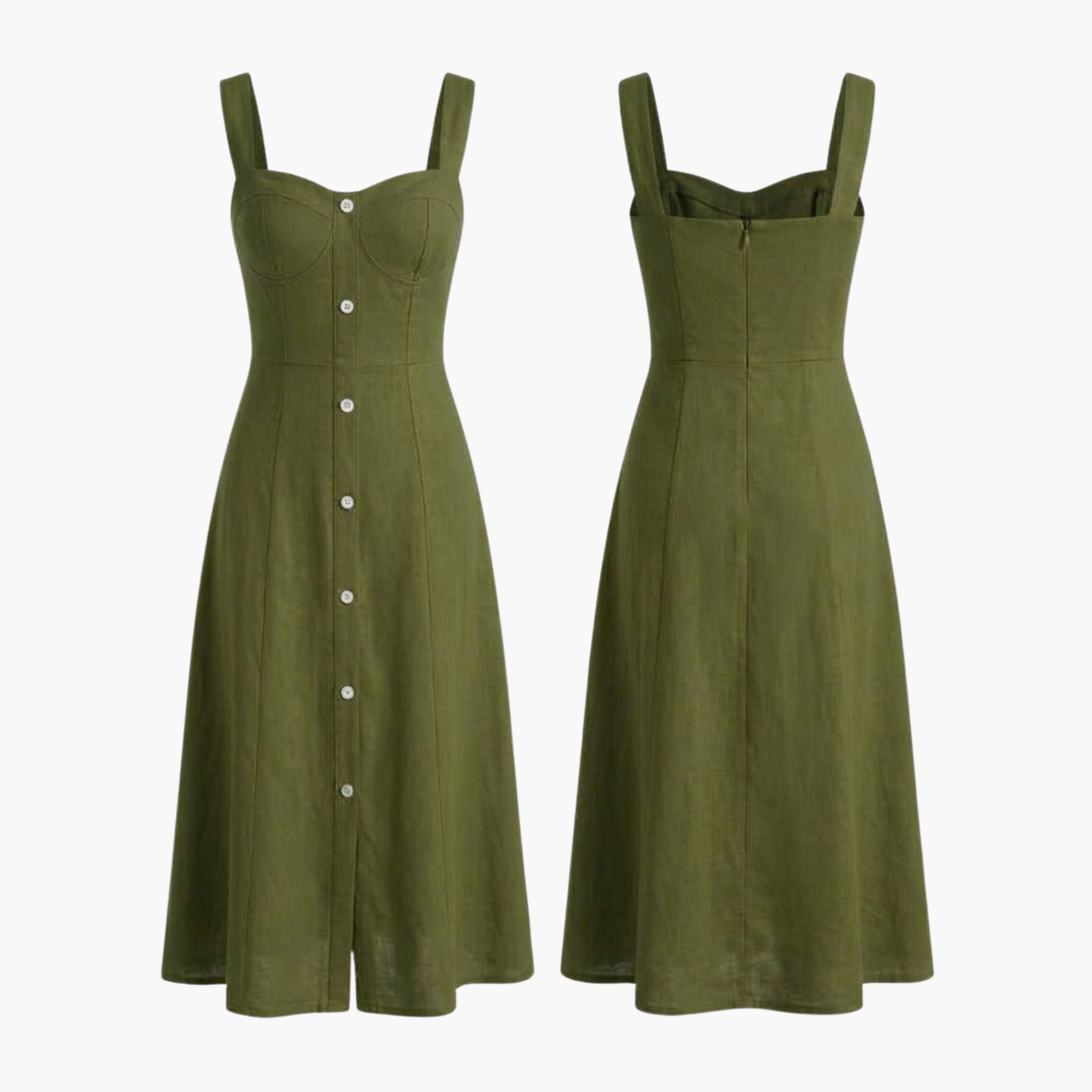 The Brahmi Studio Sweetheart Neck Button-Front Midi Dress