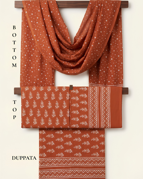 Bagh Hand Block Print Unstitched Suit Set in indigo and ivory floral geometric
