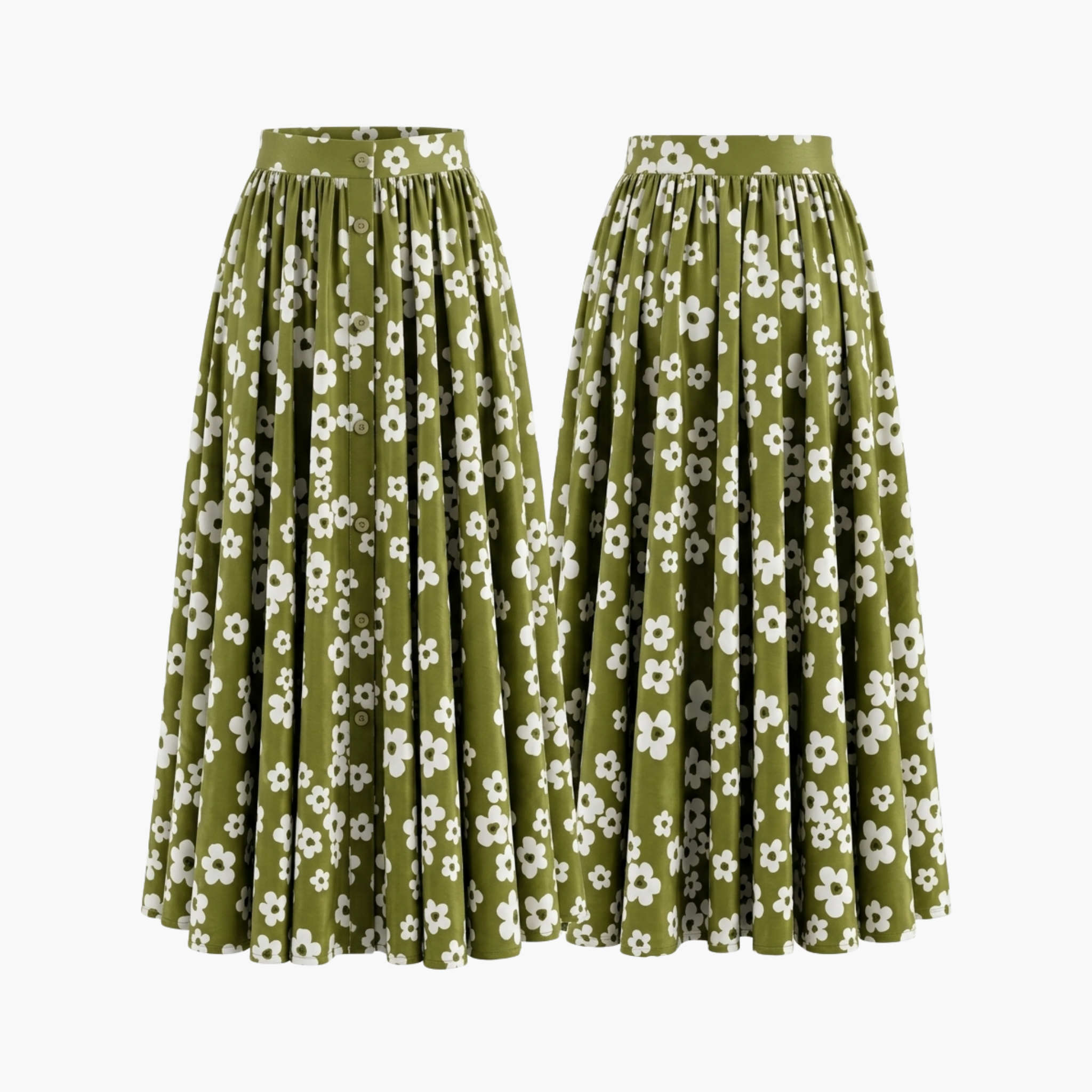 The Brahmi Studio Olive Floral Button-Front Midi Skirt