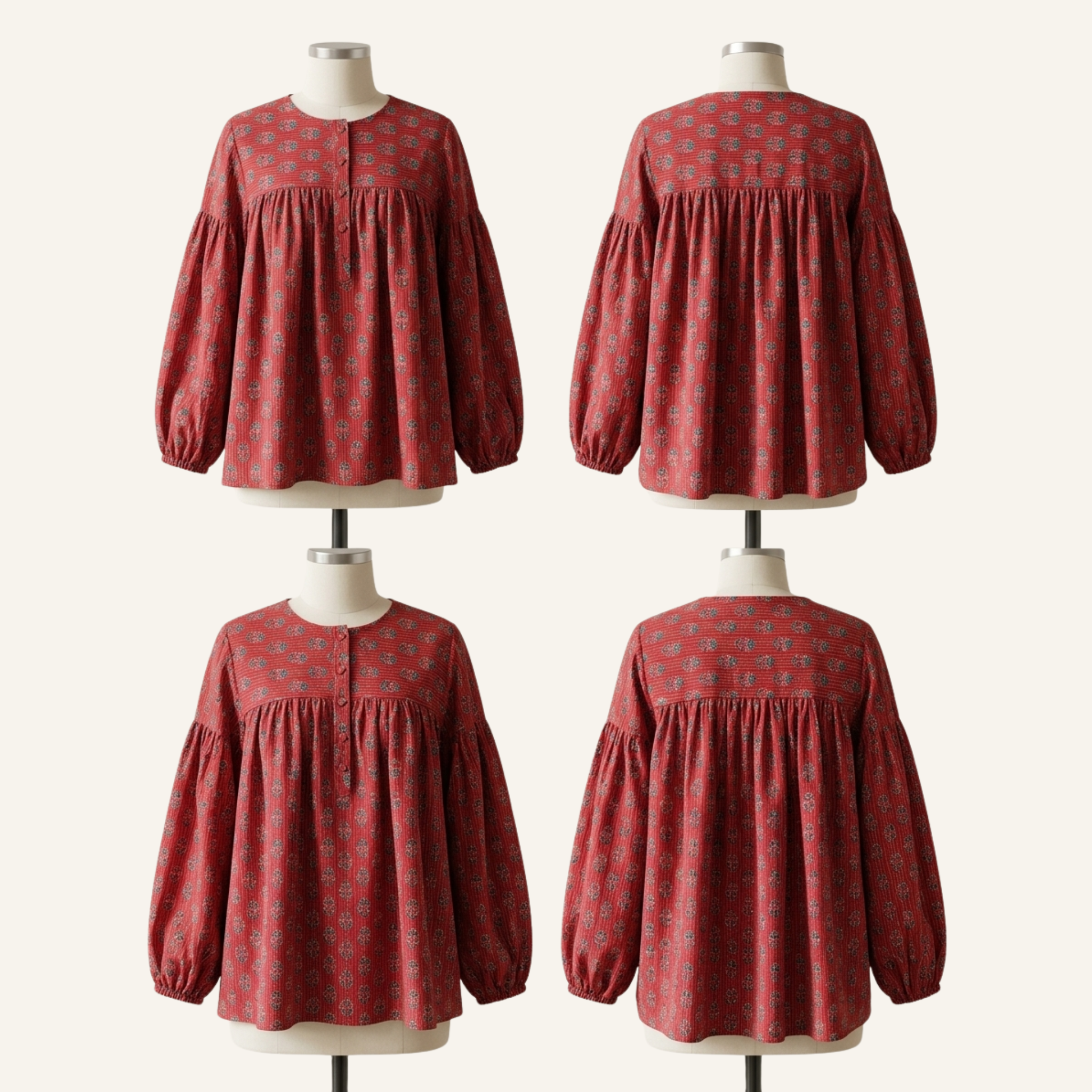AmiNa - Rust Red Block Print Cotton Balloon Sleeve Top