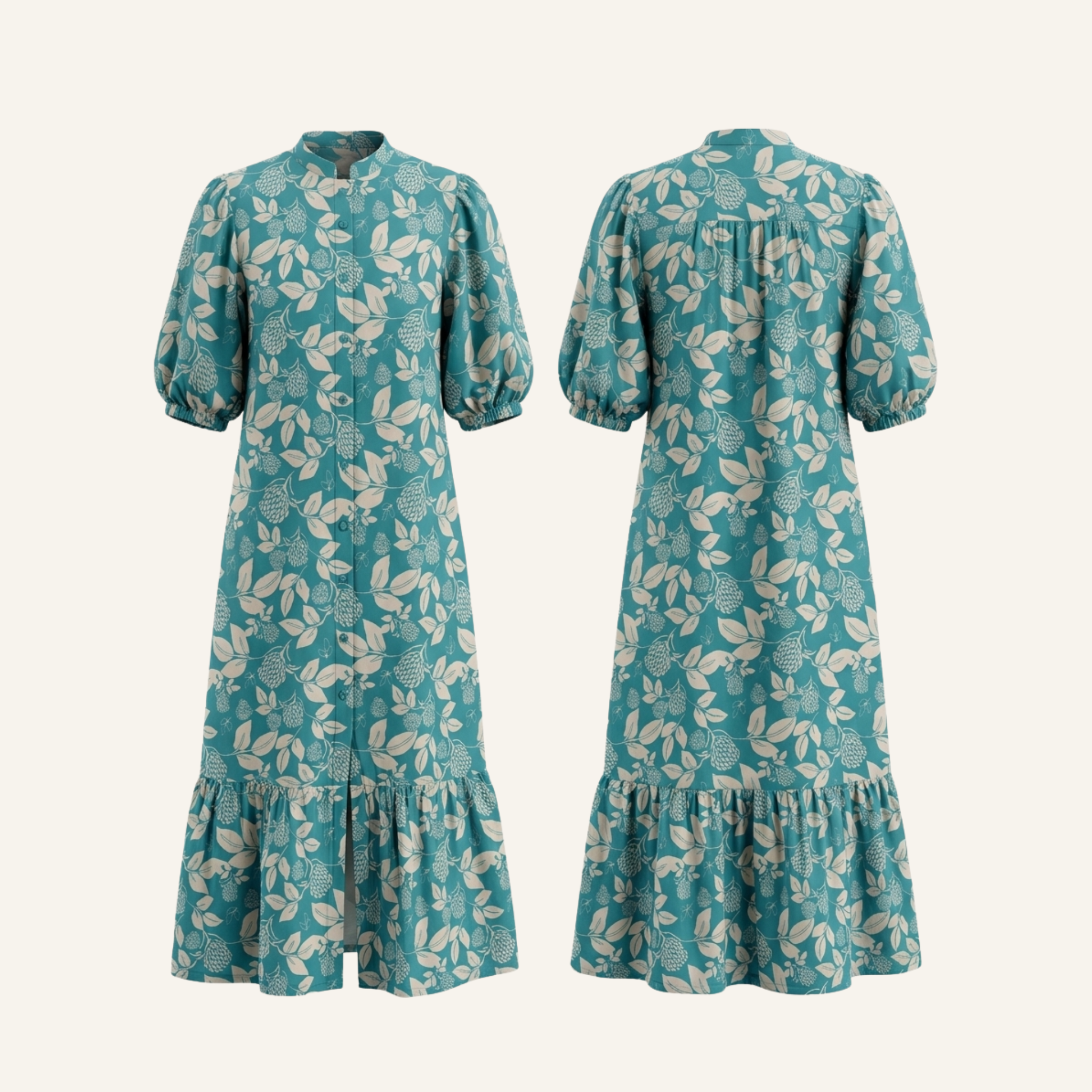 Teal Botanical Print Cotton Button-Down Midi Dress