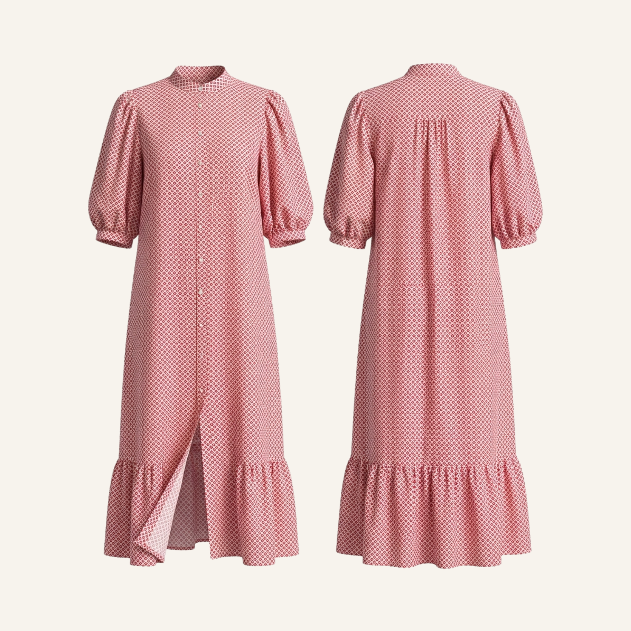 Red Geometric Print Cotton Button-Down Midi Dress