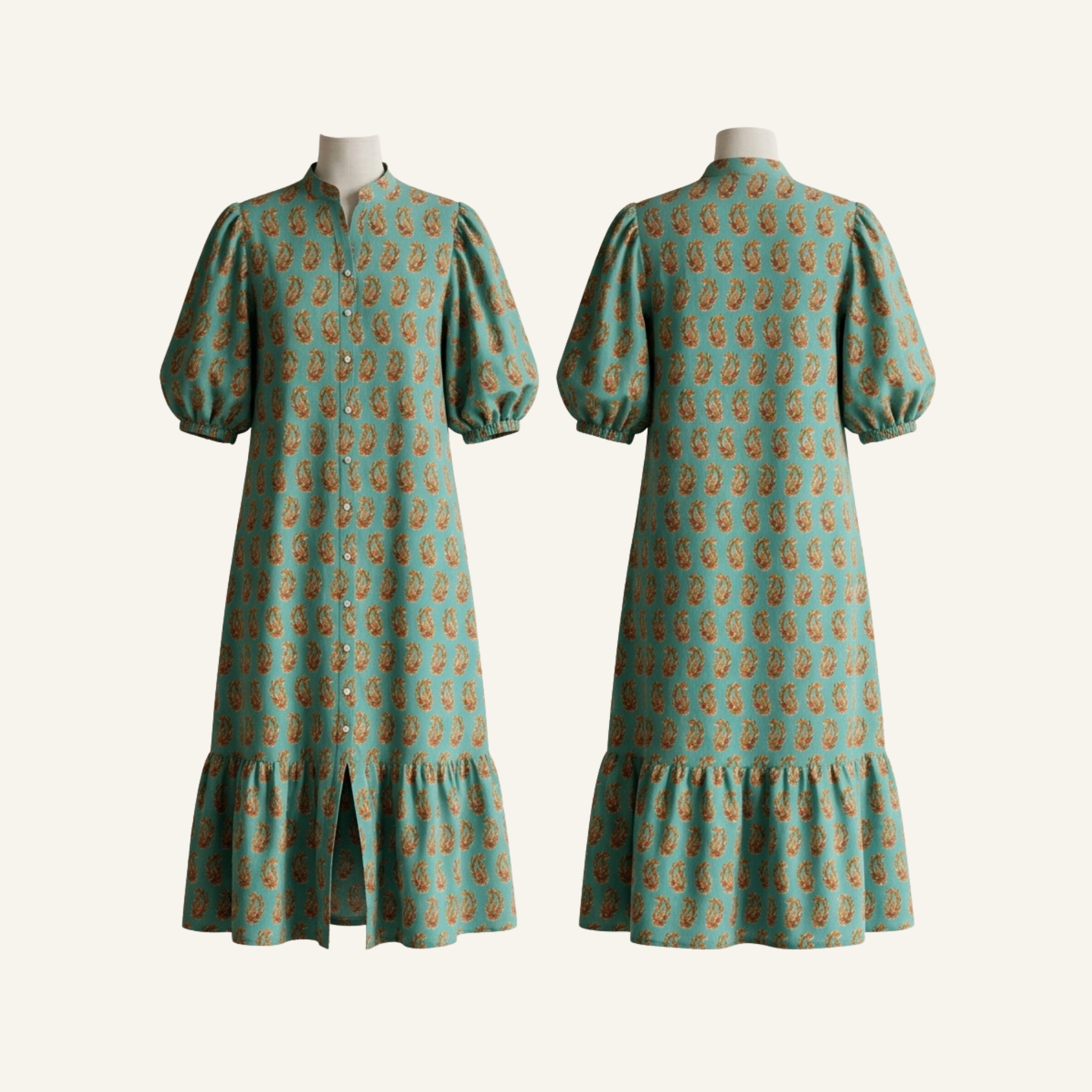 Teal Paisley Print Cotton Button-Down Midi Dress