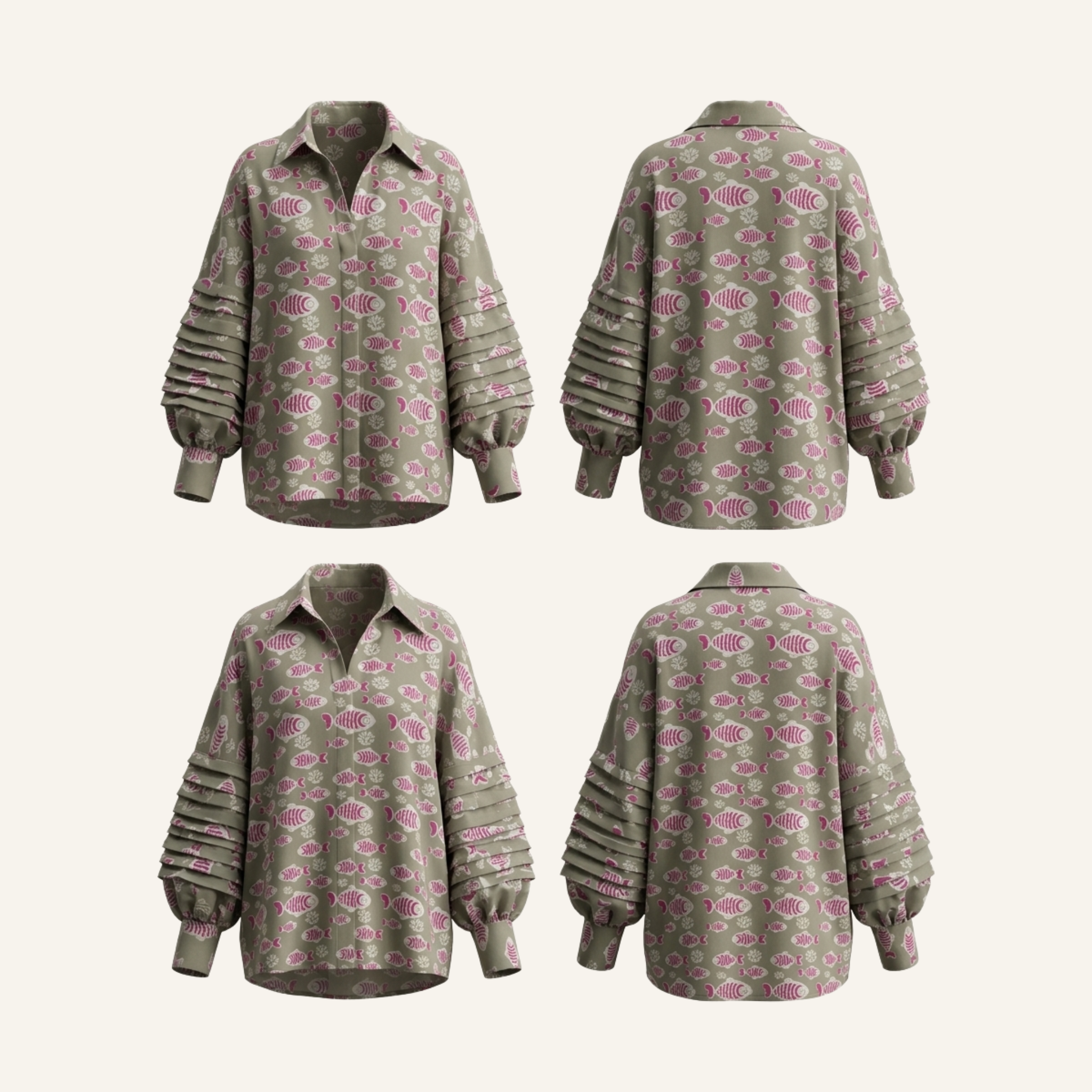 Olive Green Fish Print Pleated Sleeve Oversized Shirt