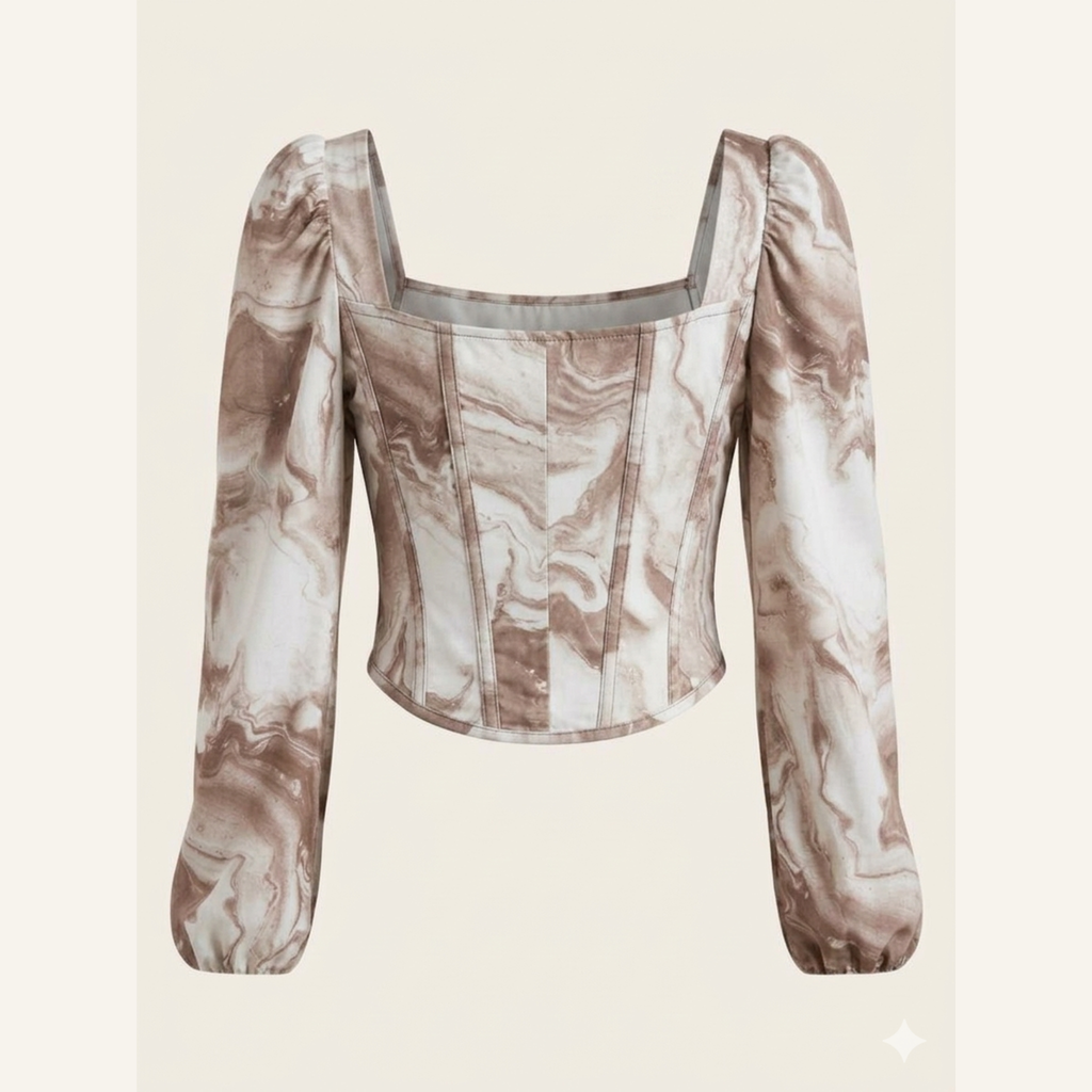 Mocha Marble Print Corset Top with Puff Sleeves