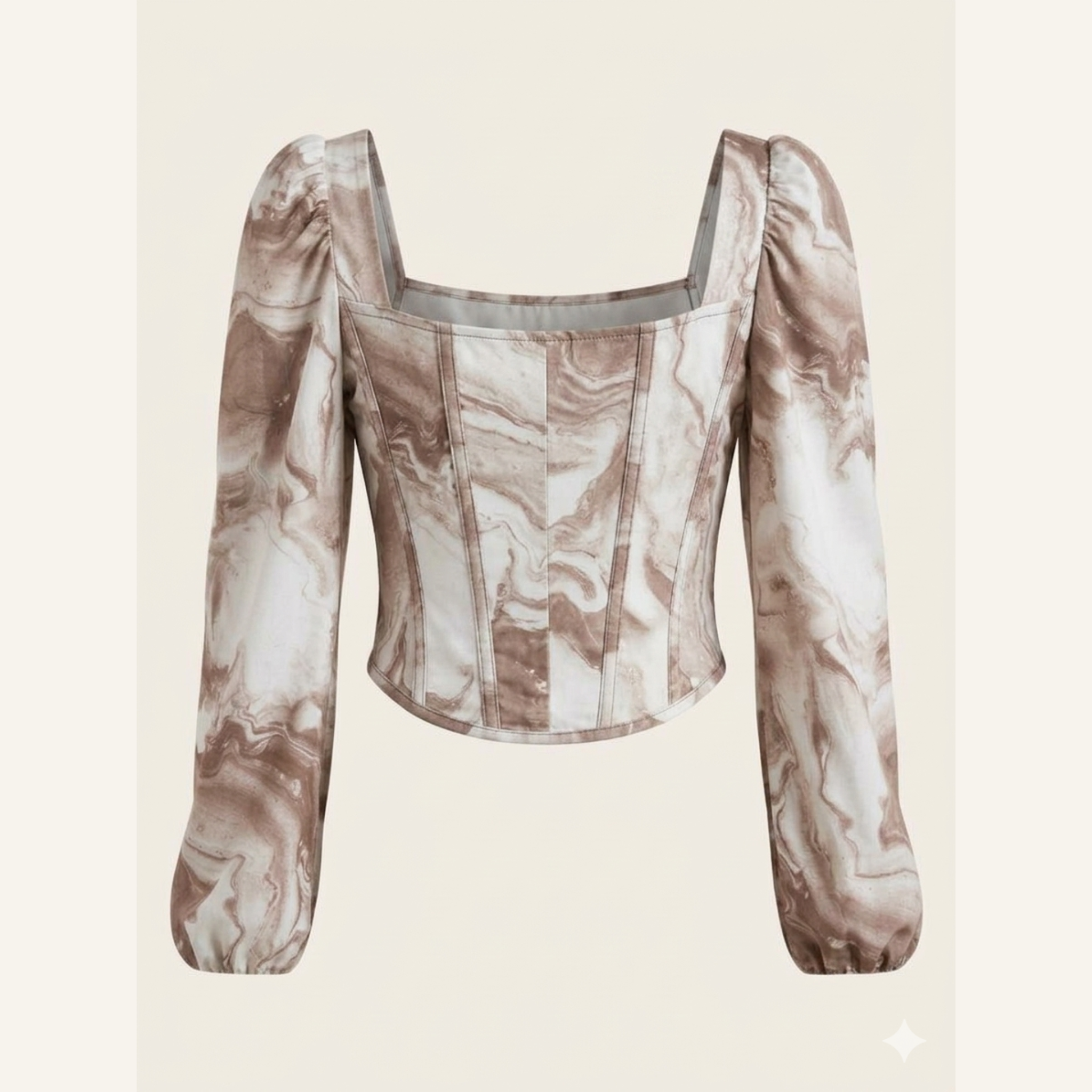 Mocha Marble Print Corset Top with Puff Sleeves