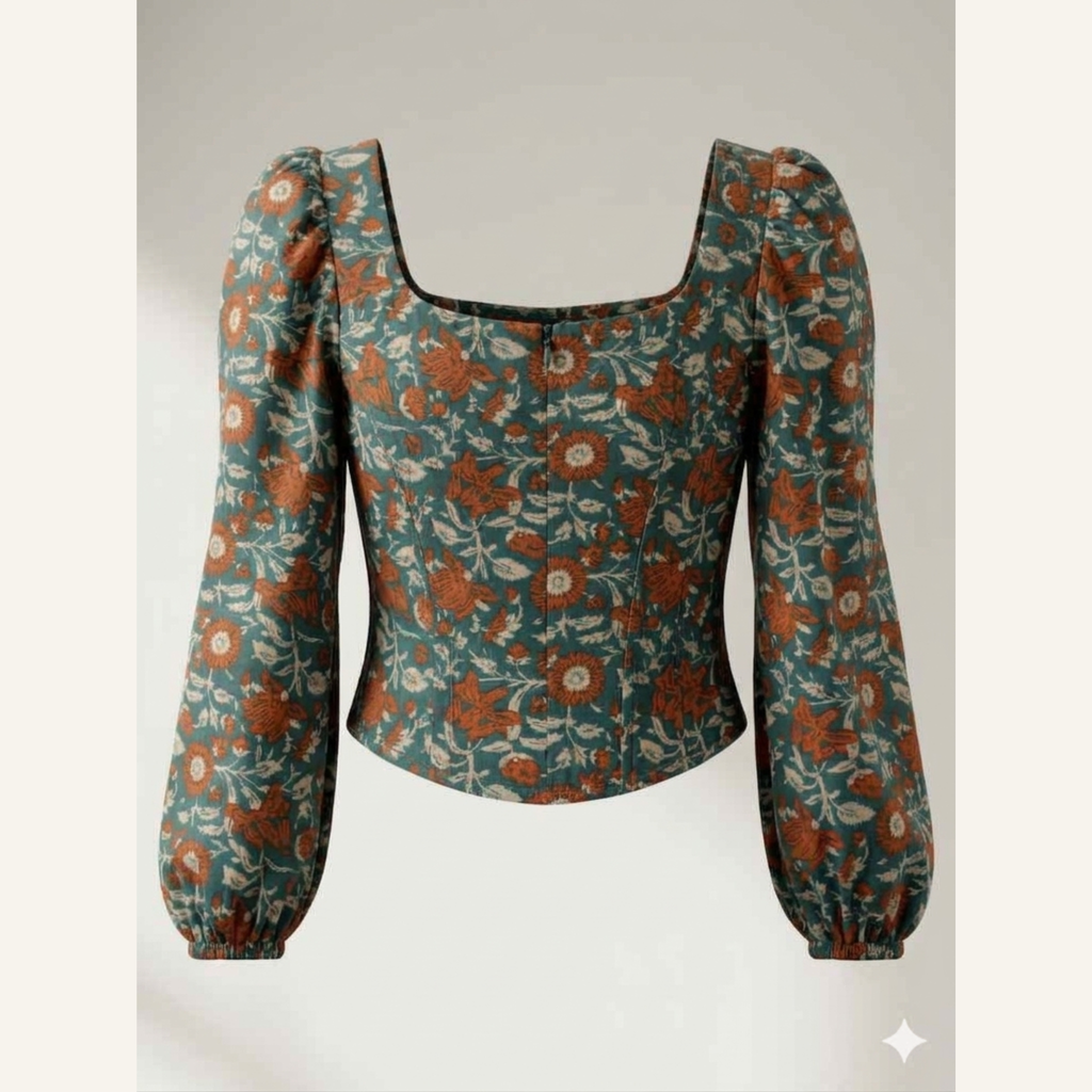 Teal Rust Floral Print Corset Top with Puff Sleeves