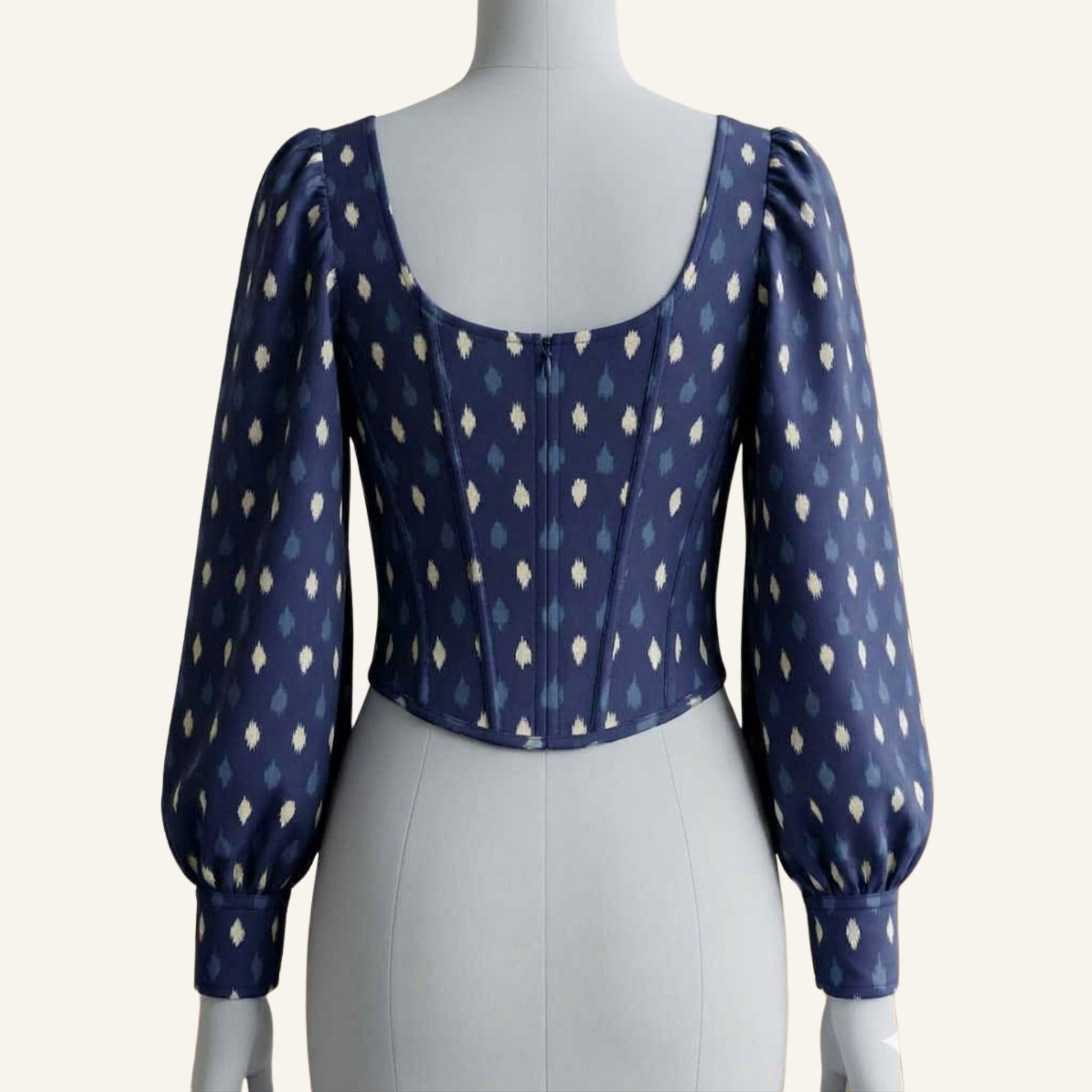 Indigo Ikat Print Corset Top with Puff Sleeves
