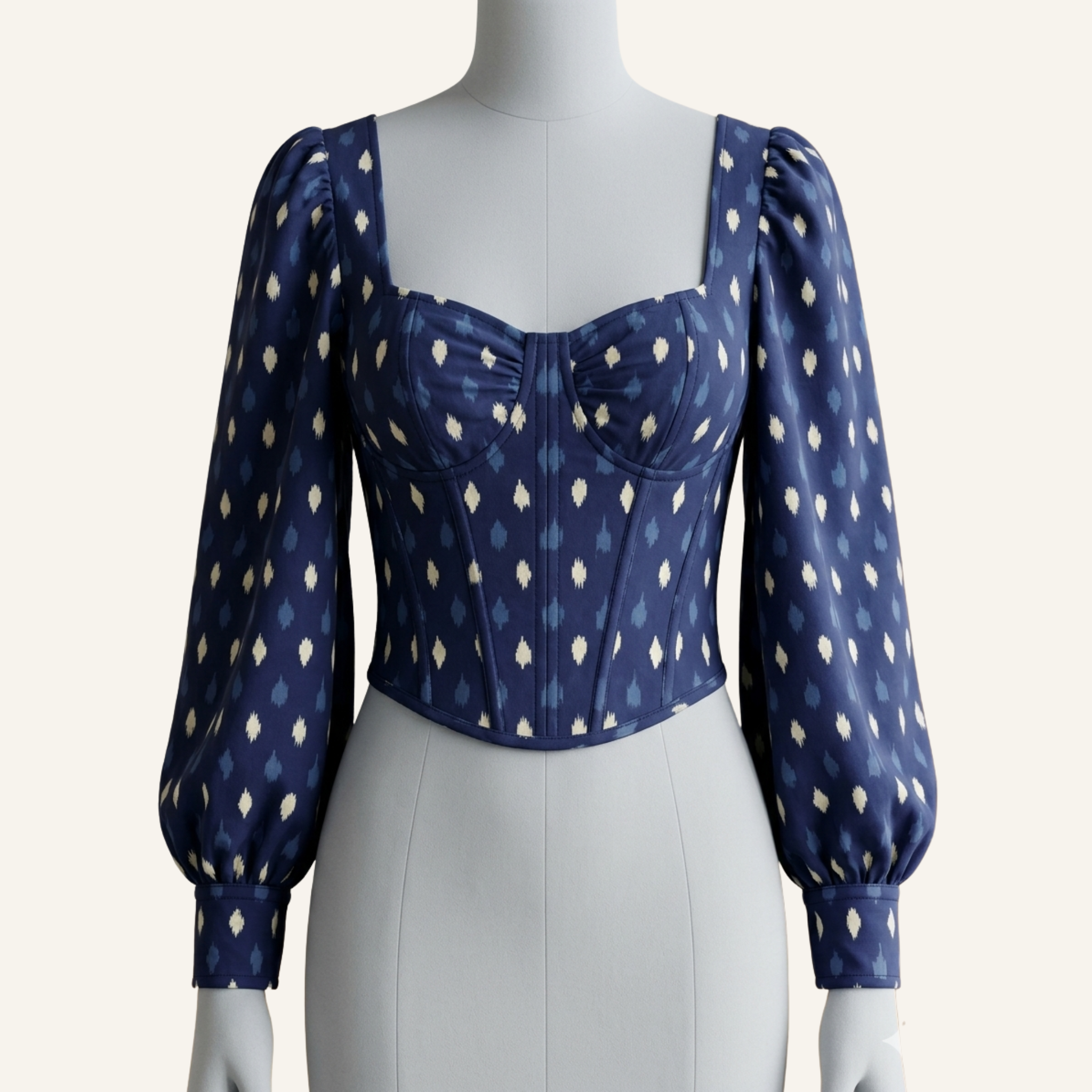 Indigo Ikat Print Corset Top with Puff Sleeves