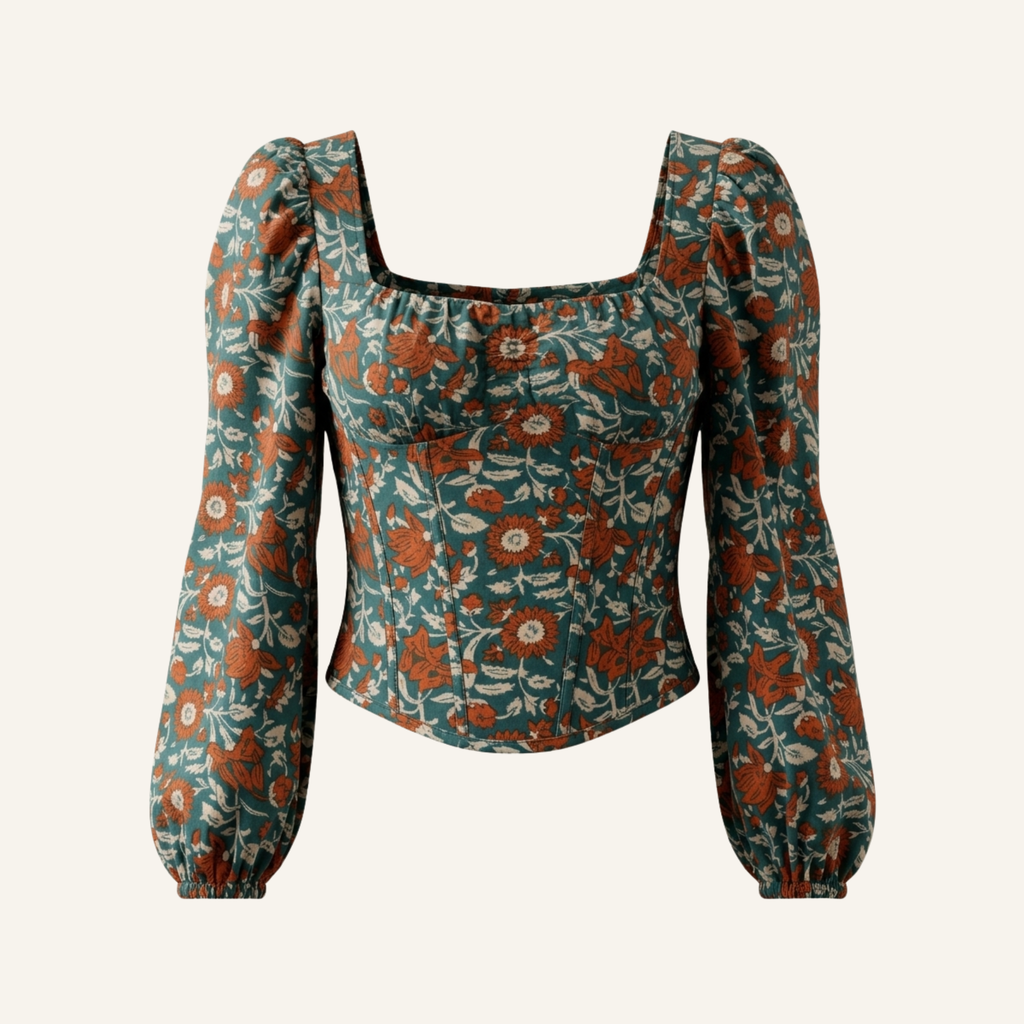 Teal Rust Floral Print Corset Top with Puff Sleeves