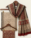 Traditional Ajrakh Hand Block Print Unstitched Suit Set in rust red and beige with geometric motifs