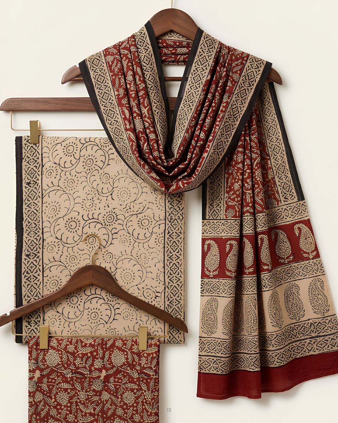 Traditional Ajrakh Hand Block Print Unstitched Suit Set in rust red and beige with geometric motifs
