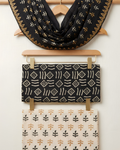 Hand Block Print Unstitched Suit Set in black and gold geometric pattern