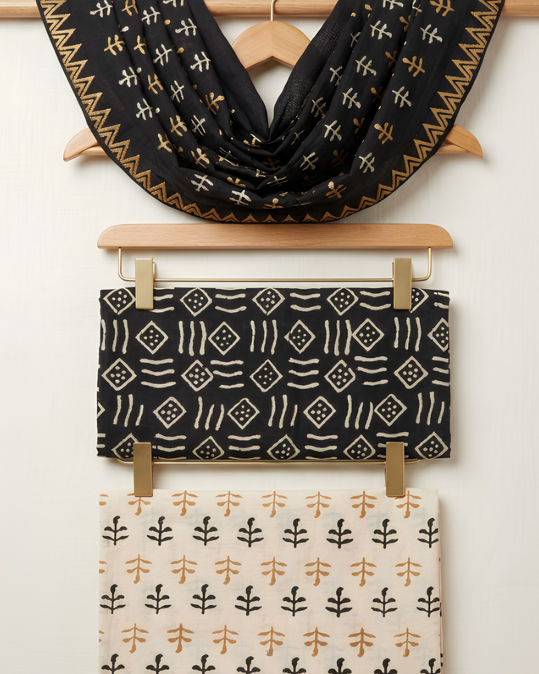 Hand Block Print Unstitched Suit Set in black and gold geometric pattern