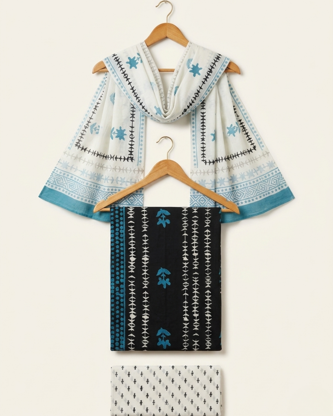 Hand Block Print Unstitched Suit Set in teal and white floral pattern