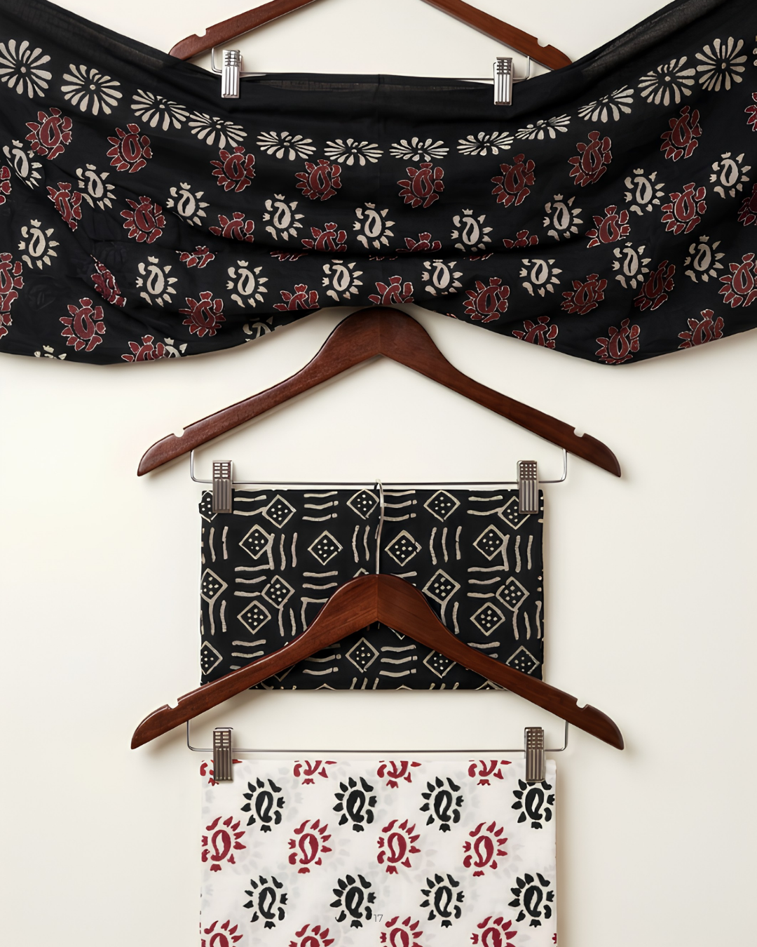 Hand Block Print Unstitched Suit Set in black and maroon Paisley pattern