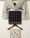 Hand Block Print Unstitched Suit Set in black and red tree motif pattern
