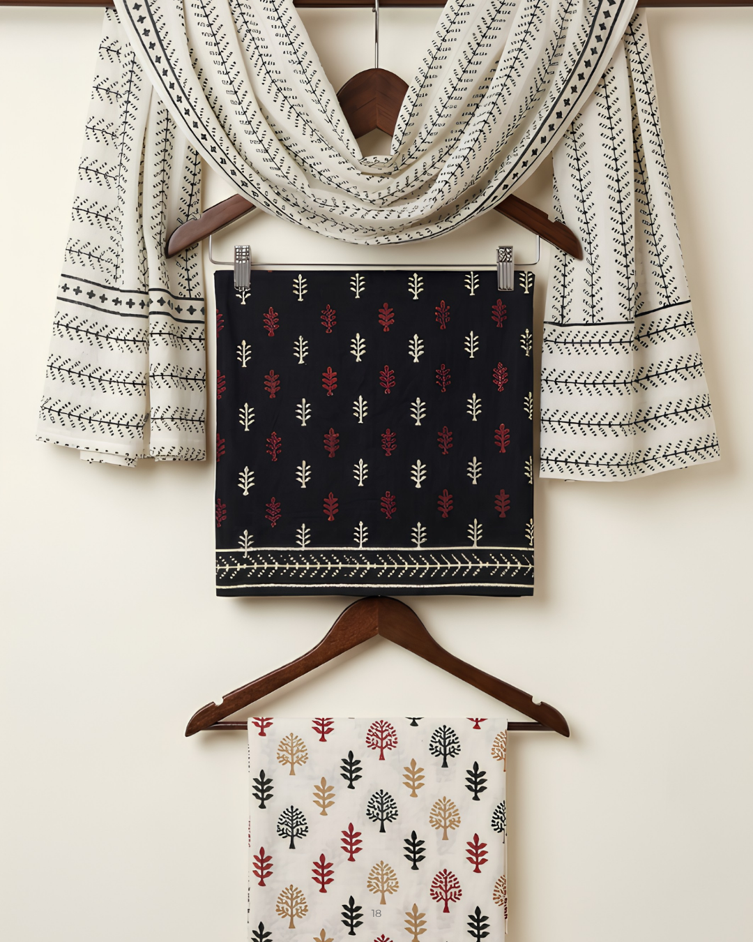 Hand Block Print Unstitched Suit Set in black and red tree motif pattern