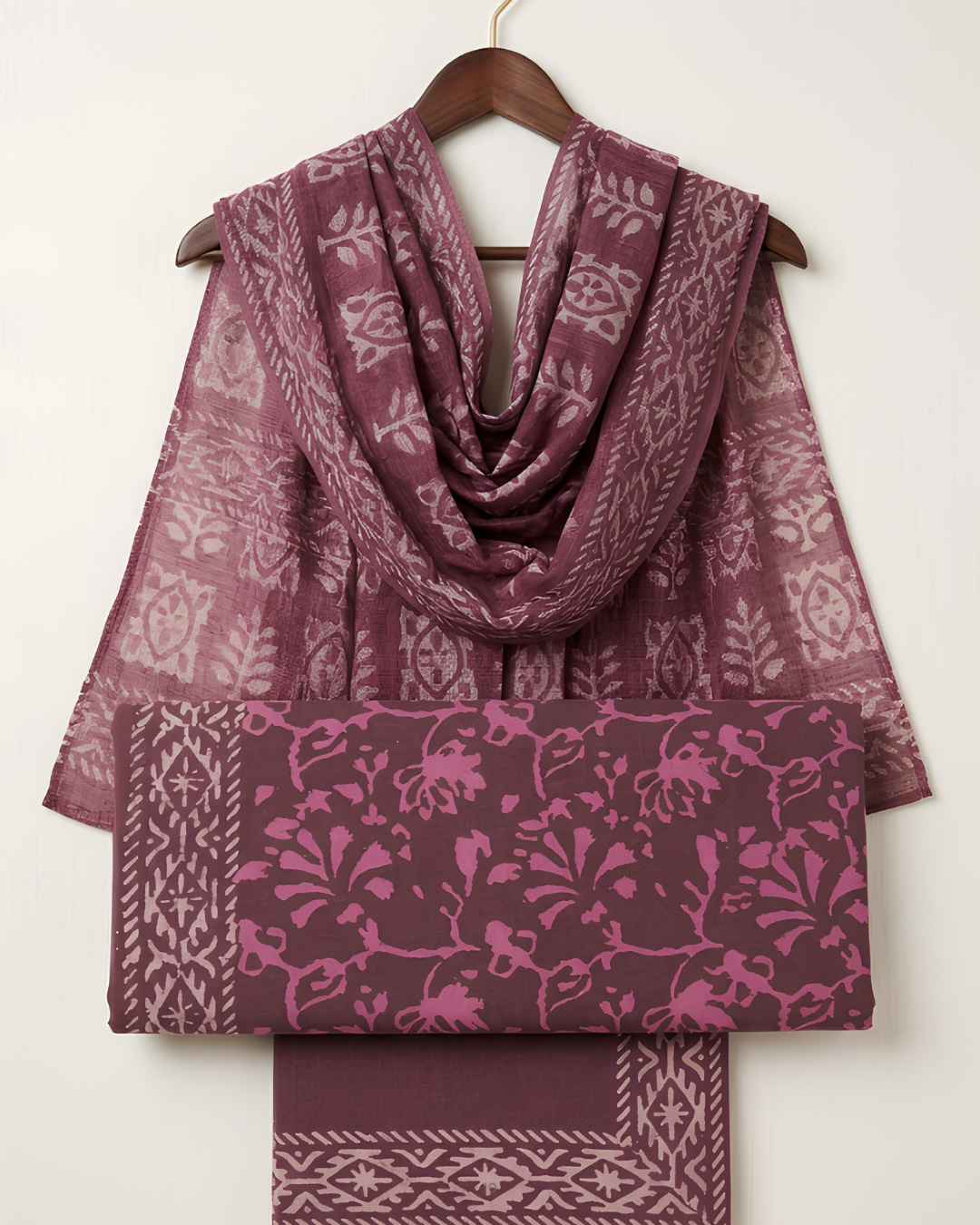 Dabu Handblock Unstitched Suit Set in mauve with floral resist print