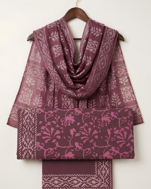 Dabu Handblock Unstitched Suit Set in mauve with floral resist print