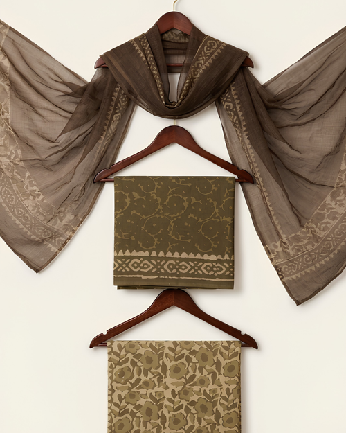 Dabu Handblock Unstitched Suit Set in olive with floral resist print