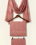 Bagh Hand Block Print Unstitched Suit Set in rust red with geometric motifs