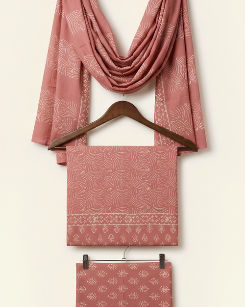 Bagh Hand Block Print Unstitched Suit Set in rust red with geometric motifs