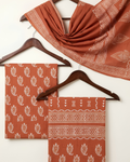 Bagh Hand Block Print Unstitched Suit Set in chocolate brown with Paisley floral motifs