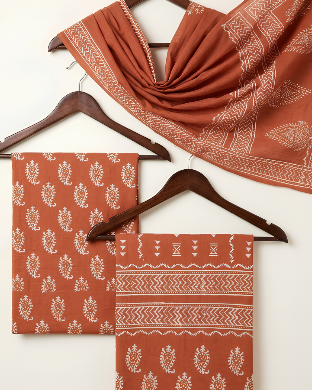Bagh Hand Block Print Unstitched Suit Set in chocolate brown with Paisley floral motifs