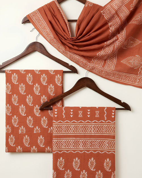 Bagh Hand Block Print Unstitched Suit Set in chocolate brown with Paisley floral motifs