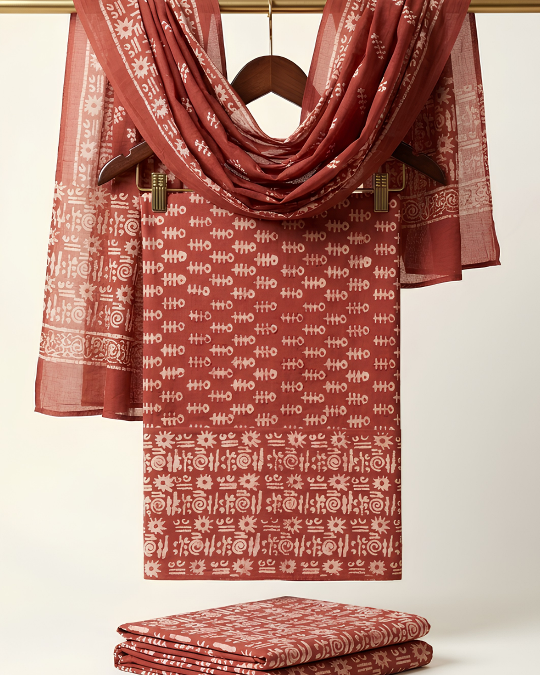 Bagh Hand Block Print Unstitched Suit Set in brown with Paisley and leaf motifs