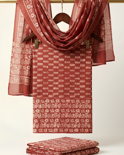 Bagh Hand Block Print Unstitched Suit Set in brown with Paisley and leaf motifs