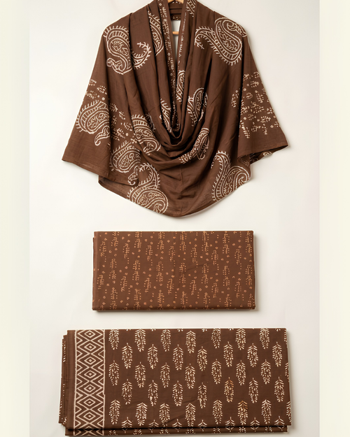 Bagh Hand Block Print Unstitched Suit Set in hot pink with geometric dot motifs