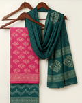 Bagh Hand Block Print Unstitched Suit Set in burnt orange with leaf and chevron motifs