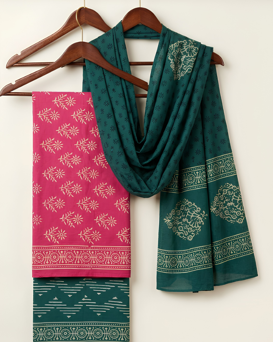 Bagh Hand Block Print Unstitched Suit Set in burnt orange with leaf and chevron motifs
