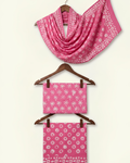 Bagh Hand Block Print Unstitched Suit Set in maroon and ivory geometric