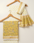 Kalamkari Block Print Unstitched Suit Set in olive green and brown floral jaal