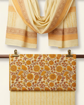 Kalamkari Block Print Unstitched Suit Set in yellow and coral bold floral