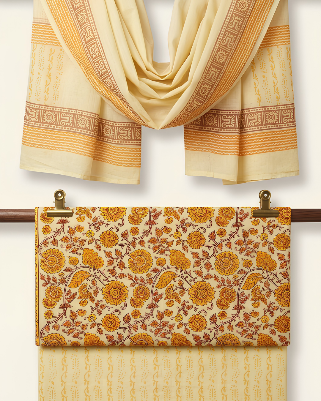 Kalamkari Block Print Unstitched Suit Set in yellow and coral bold floral