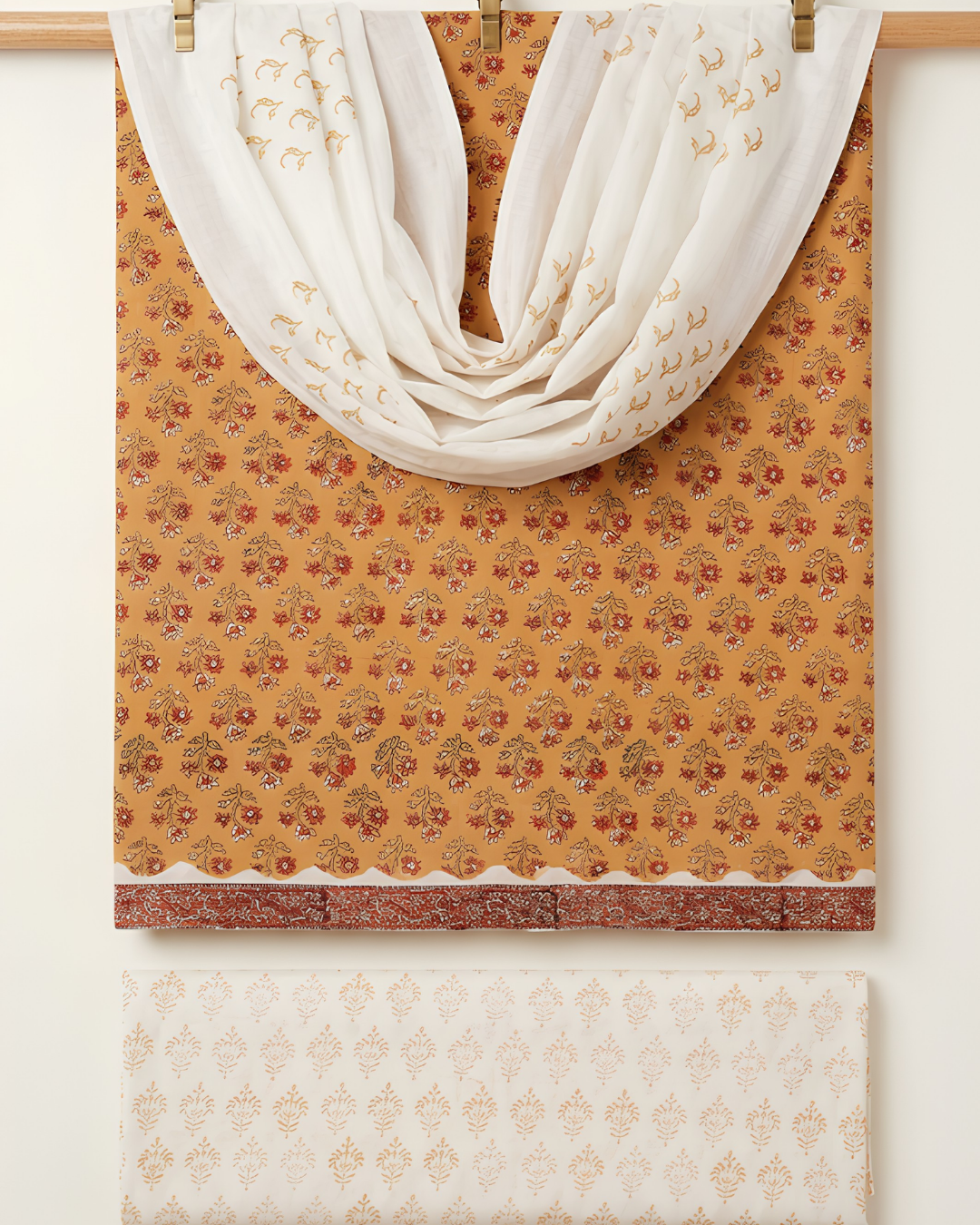 Kalamkari Block Print Unstitched Suit Set in mint and multicolour vibrant floral