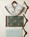Kalamkari Block Print Unstitched Suit Set in ivory with large rose motif