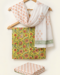 Kalamkari Block Print Unstitched Suit Set in sage green and blue jaal