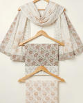 Kalamkari Block Print Unstitched Suit Set in dusty pink and sage floral jaal