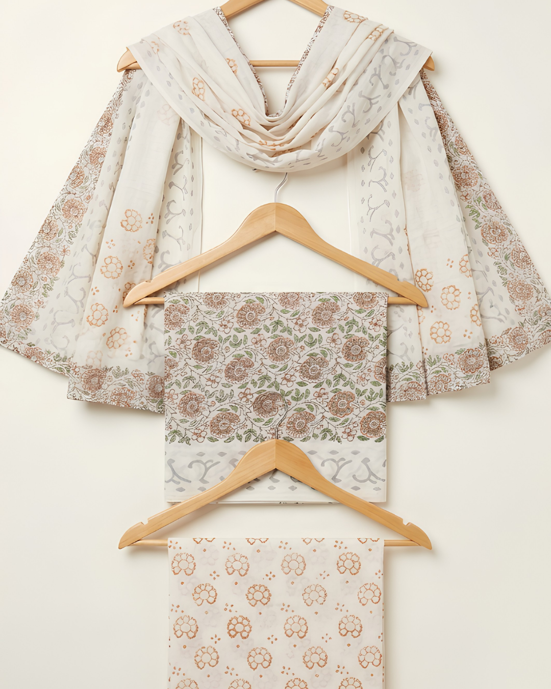 Kalamkari Block Print Unstitched Suit Set in dusty pink and sage floral jaal