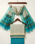 South Cotton Warli Art Suit Set with Kalamkari Border in teal and ivory